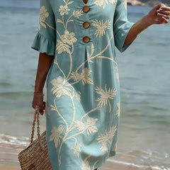 Women's Linen Dress | Midi Length V-Neck Floral Button