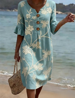 Women's Linen Dress | Midi Length V-Neck Floral Button