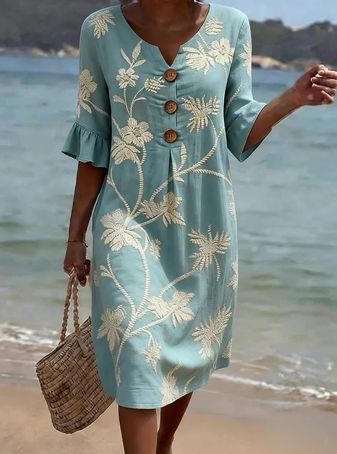 Women's Linen Dress | Midi Length V-Neck Floral Button
