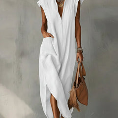 Women's Linen Midi Dress | Ruffle Collar Cap Sleeve V-Neck