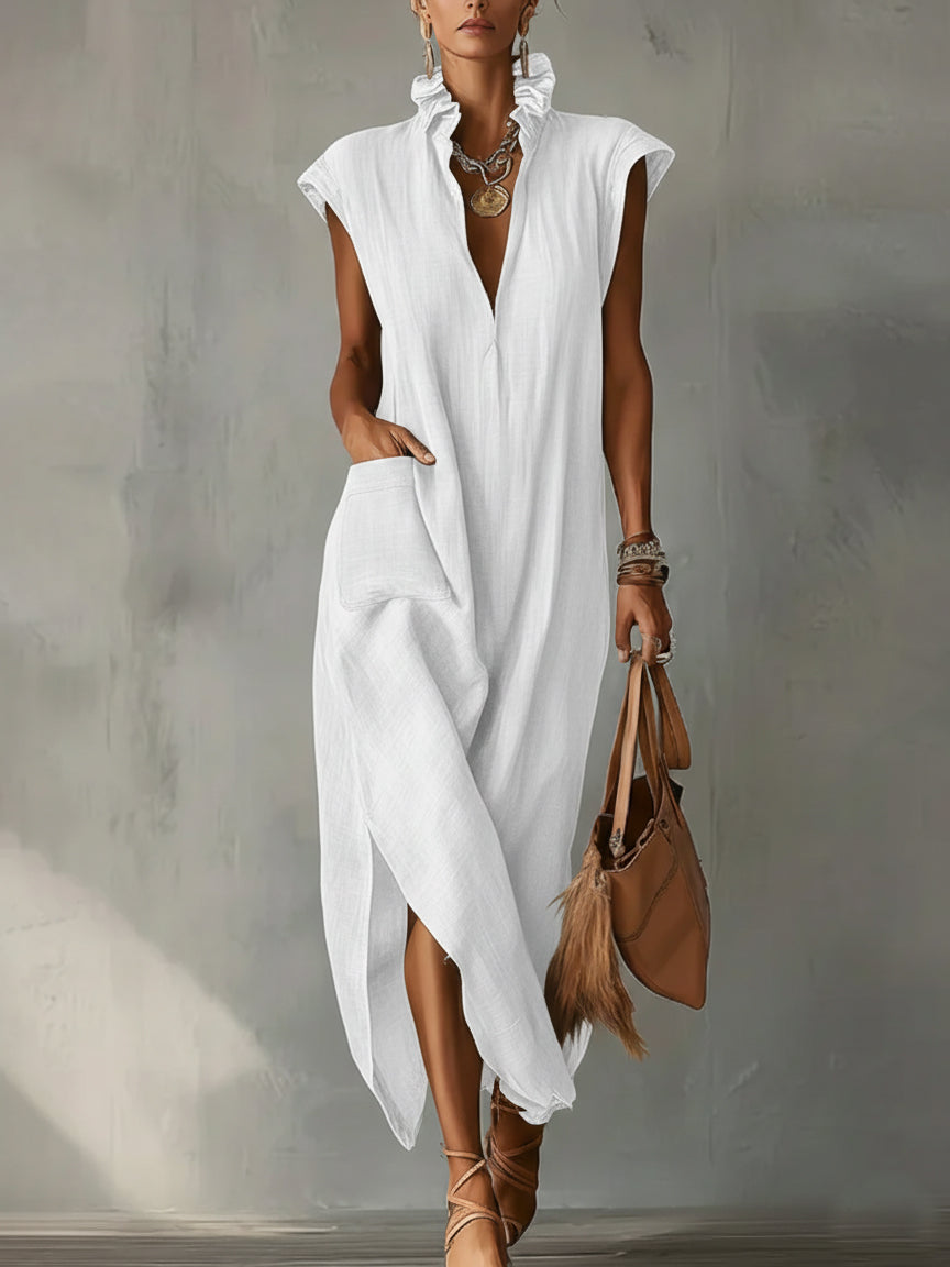 Women's Linen Midi Dress | Ruffle Collar Cap Sleeve V-Neck