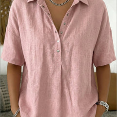 Women's Summer Top | Polo Collar Short Sleeve Cotton Linen
