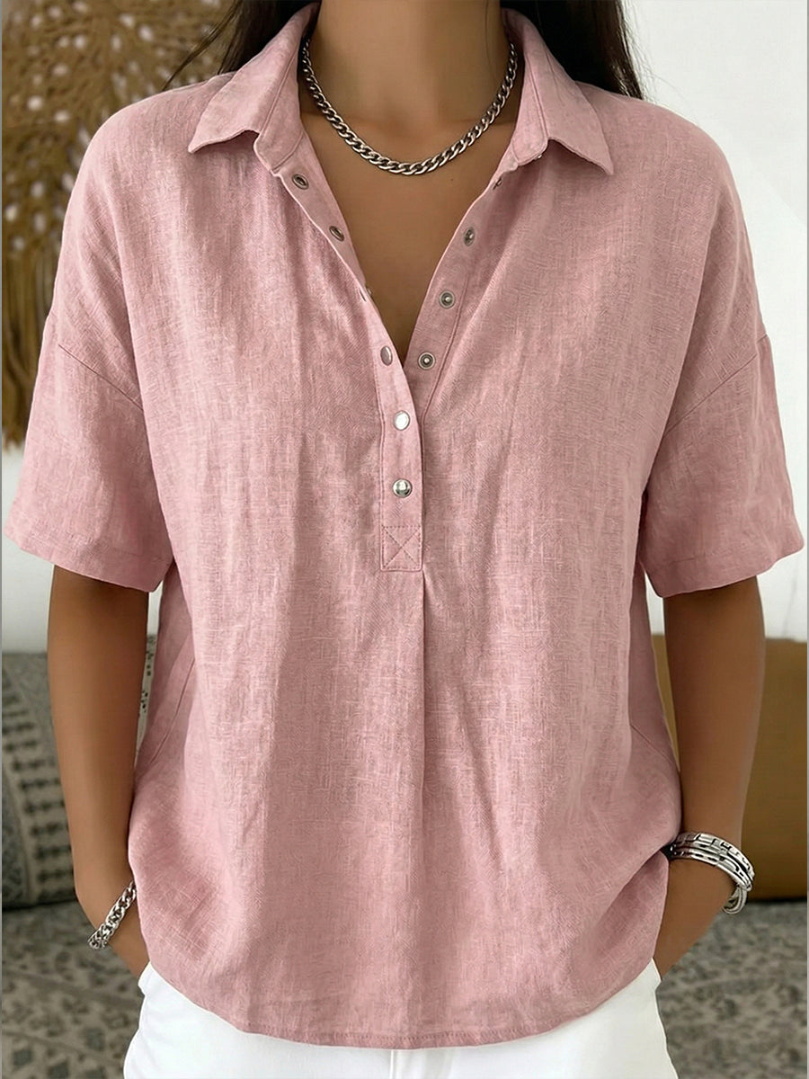 Women's Summer Top | Polo Collar Short Sleeve Cotton Linen