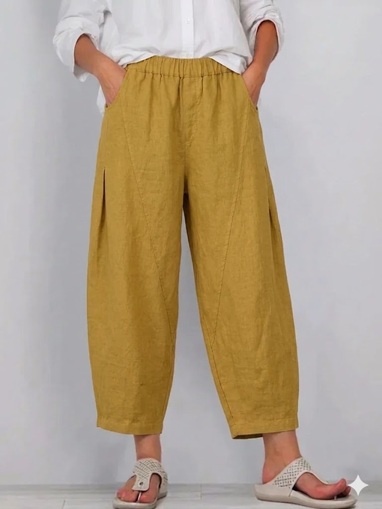 Women's Linen Pants | Elastic Waist Cropped Wide Leg