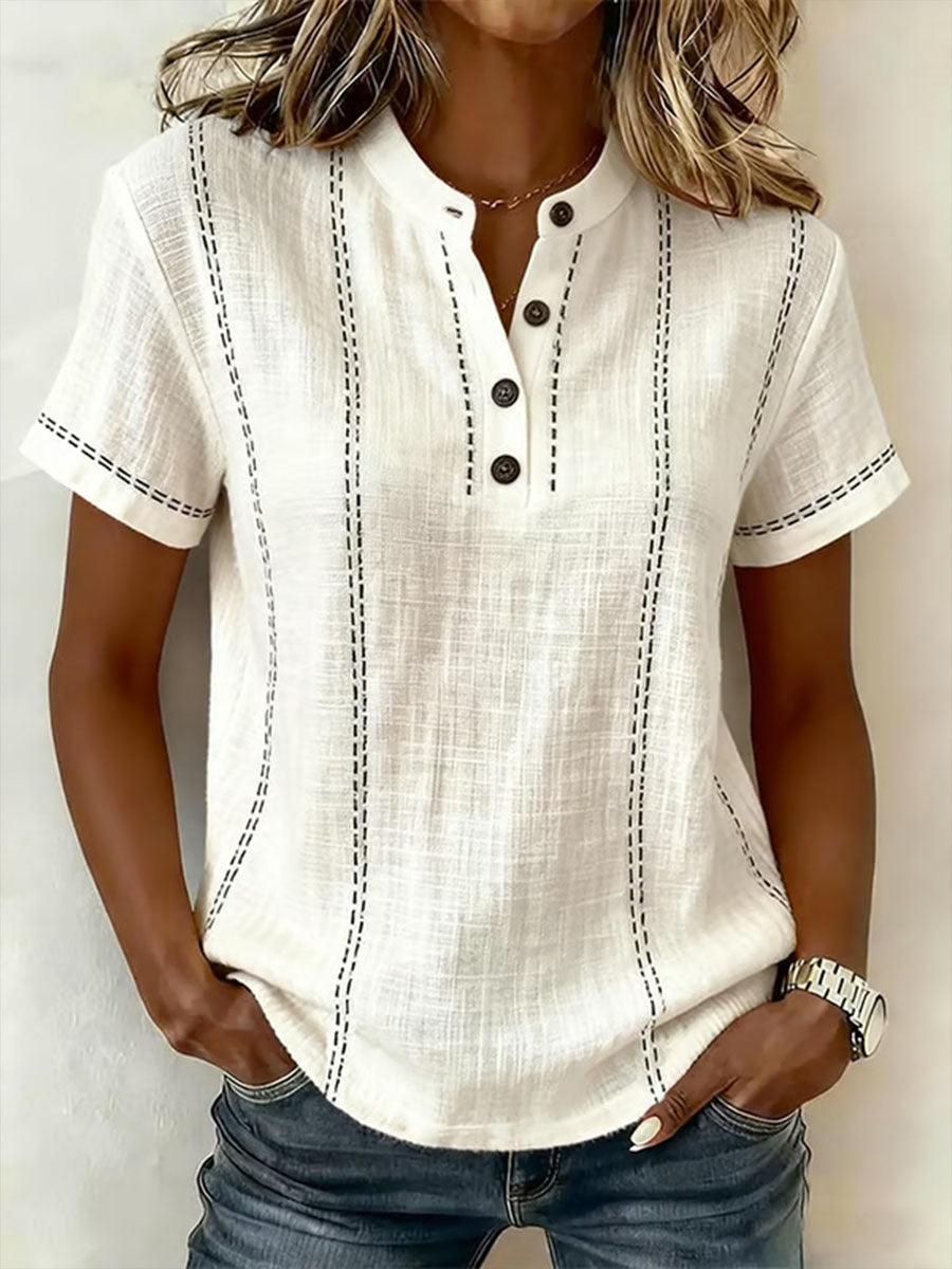 Women's Top | V-Neck Short Sleeve Henley Button Casual