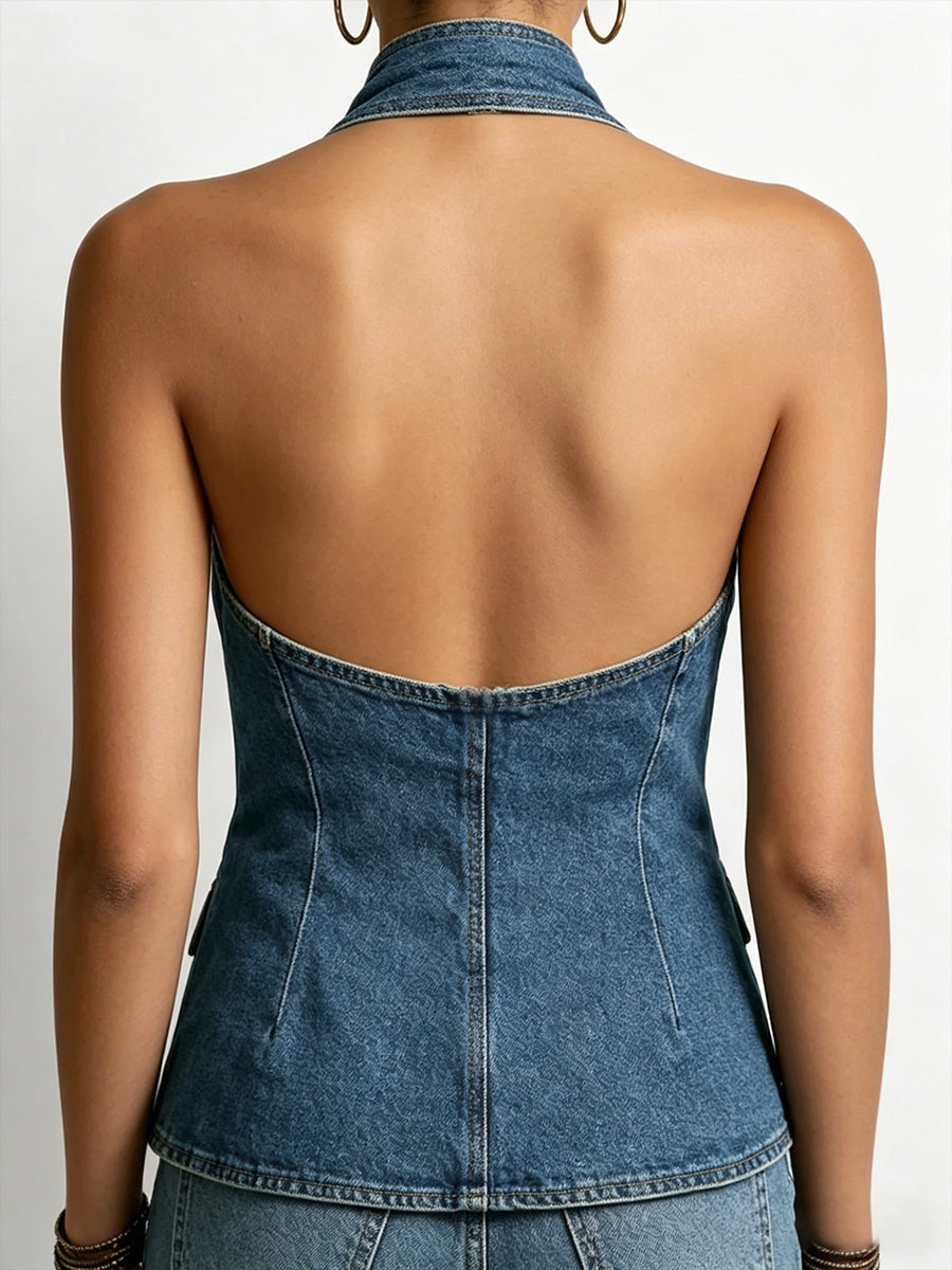Women's Halter Neck Top | Crossover Halter Denim Button Front