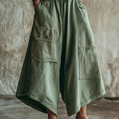 Women's Cargo Pants | Midi Length Drawstring Wide Leg Cotton