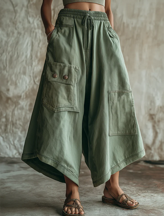 Women's Cargo Pants | Midi Length Drawstring Wide Leg Cotton