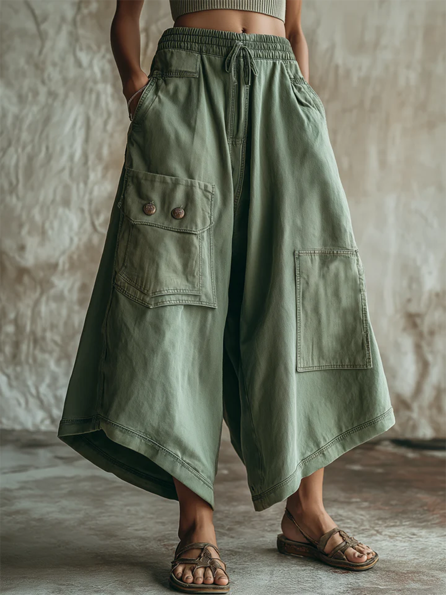 Women's Cargo Pants | Midi Length Drawstring Wide Leg Cotton