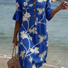 Women's Linen Dress | Midi Length V-Neck Floral Button