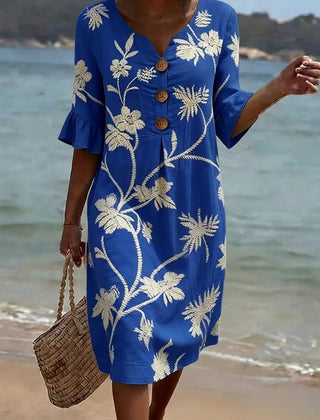 Women's Linen Dress | Midi Length V-Neck Floral Button