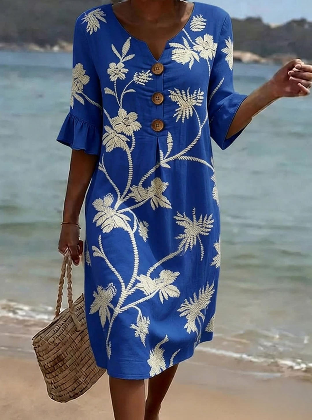 Women's Linen Dress | Midi Length V-Neck Floral Button