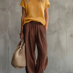 Women's Two Piece Set | Knit Crew Neck Short Sleeve Linen