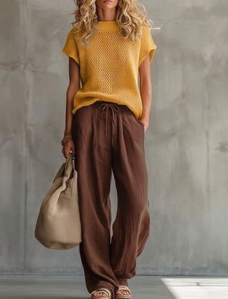 Women's Two Piece Set | Knit Crew Neck Short Sleeve Linen