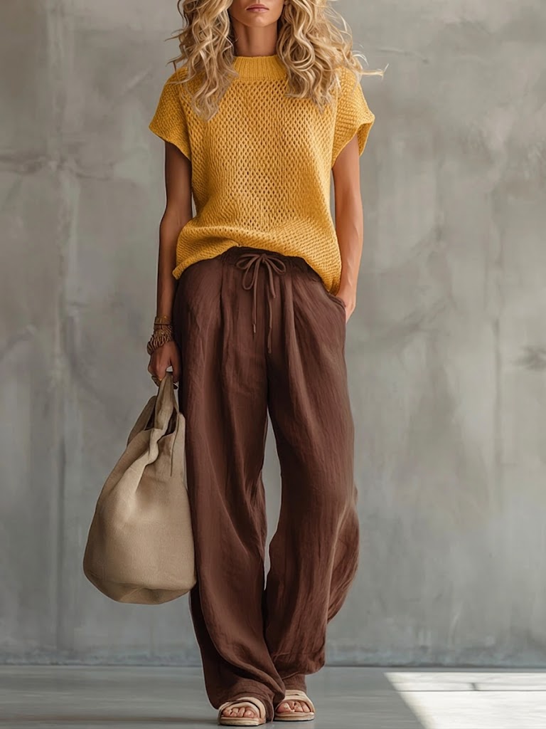 Women's Two Piece Set | Knit Crew Neck Short Sleeve Linen