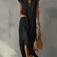 Women's Linen Midi Dress | Ruffle Collar Cap Sleeve V-Neck
