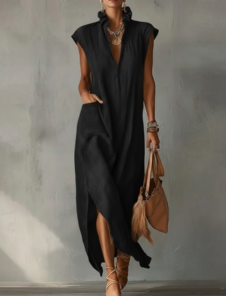 Women's Linen Midi Dress | Ruffle Collar Cap Sleeve V-Neck
