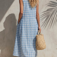 Women's Linen Dress | V-Neck Sleeveless Gingham Midi