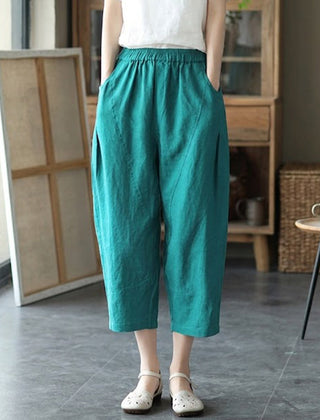 Women's Linen Pants | Elastic Waist Cropped Wide Leg