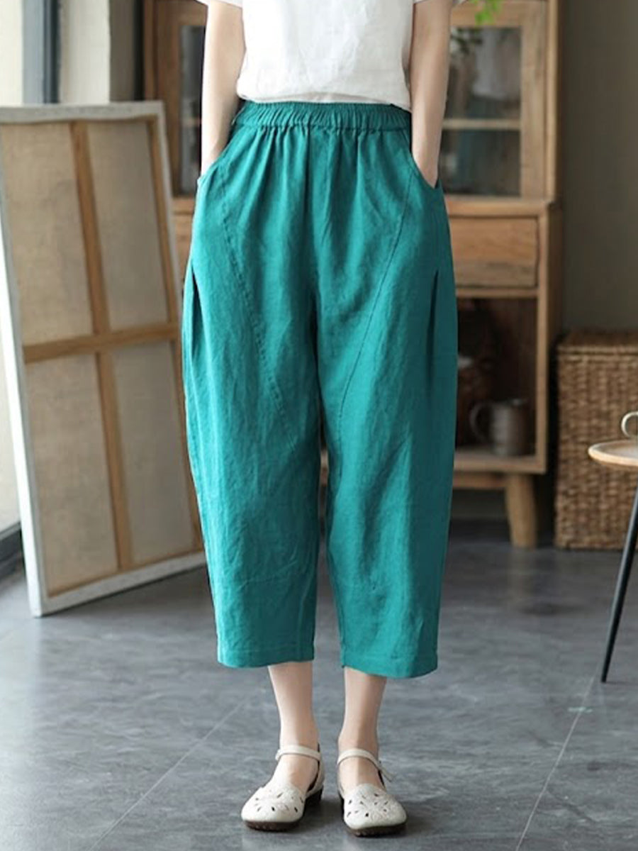 Women's Linen Pants | Elastic Waist Cropped Wide Leg