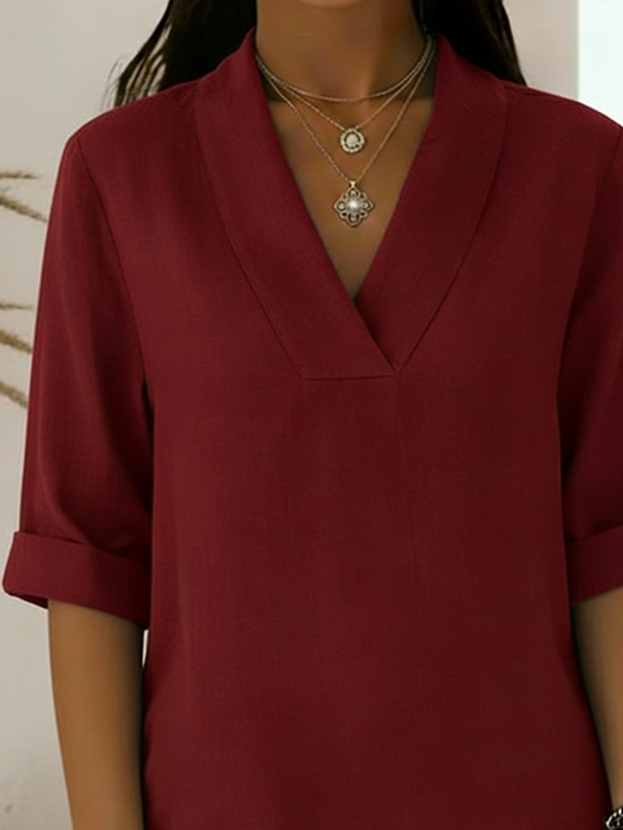 Women's Red Top | V Neck Three Quarter Sleeve Tunic