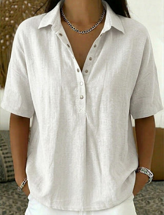 Women's Summer Top | Polo Collar Short Sleeve Cotton Linen