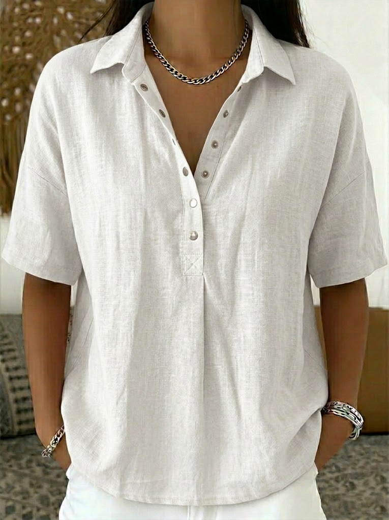 Women's Summer Top | Polo Collar Short Sleeve Cotton Linen