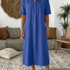 Women's Summer Dress | Midi Collar Short Sleeve Linen