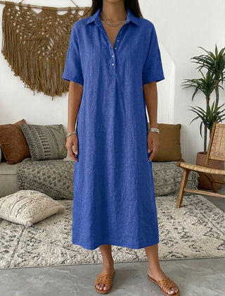 Women's Summer Dress | Midi Collar Short Sleeve Linen