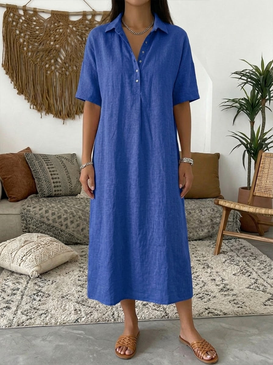 Women's Summer Dress | Midi Collar Short Sleeve Linen