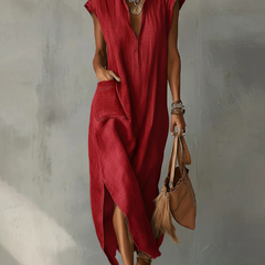 Women's Linen Midi Dress | Ruffle Collar Cap Sleeve V-Neck