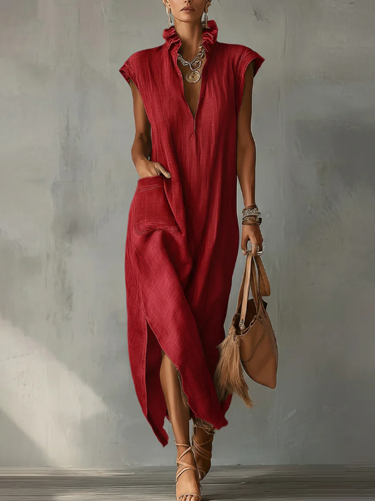 Women's Linen Midi Dress | Ruffle Collar Cap Sleeve V-Neck