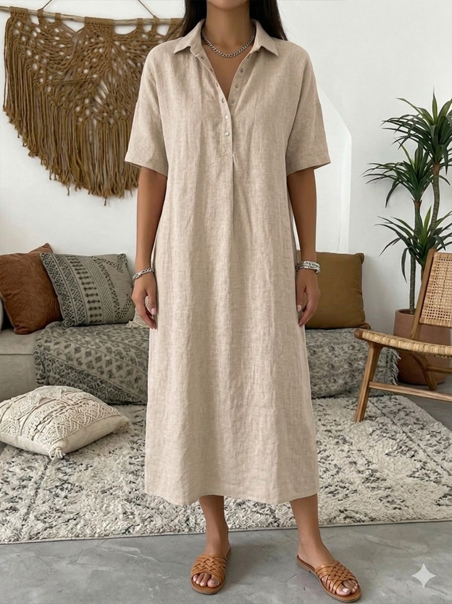 Women's Summer Dress | Midi Collar Short Sleeve Linen