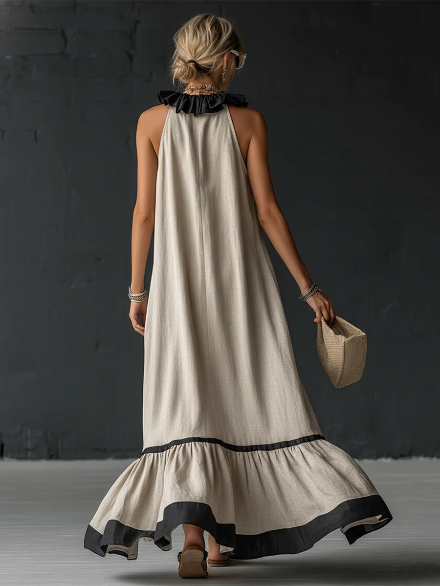 Women's Cocktail Dress | Maxi Ruffle Hem Sleeveless Linen