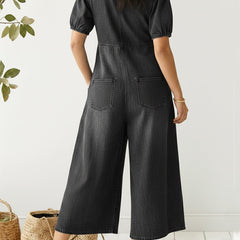 Women's Denim Jumpsuit | V-Neck Short Sleeve Midi Relaxed