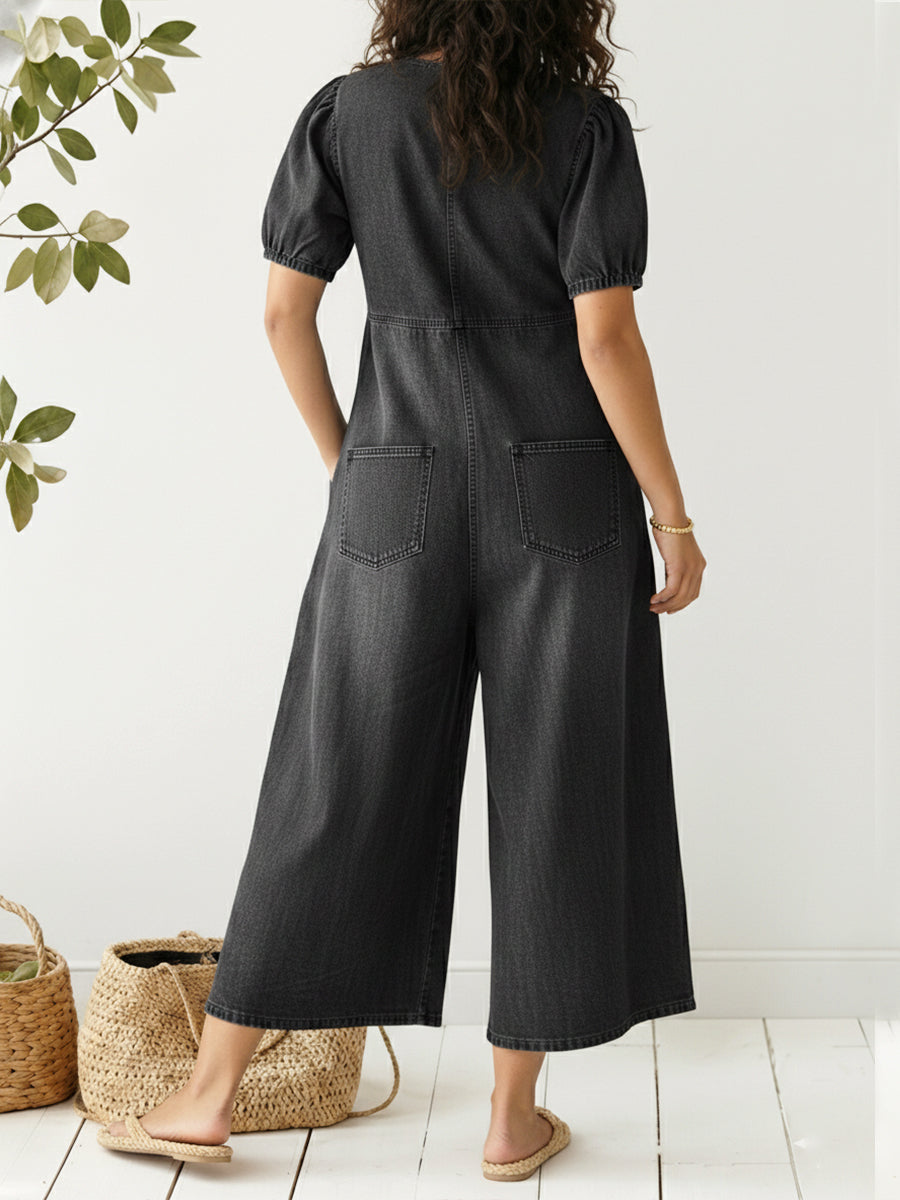 Women's Denim Jumpsuit | V-Neck Short Sleeve Midi Relaxed