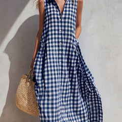 Women's Linen Dress | V-Neck Sleeveless Gingham Midi