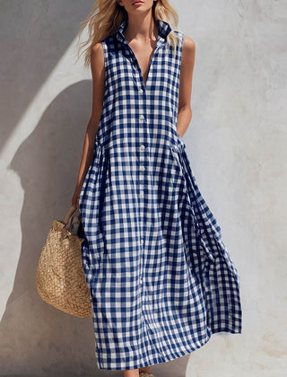 Women's Linen Dress | V-Neck Sleeveless Gingham Midi
