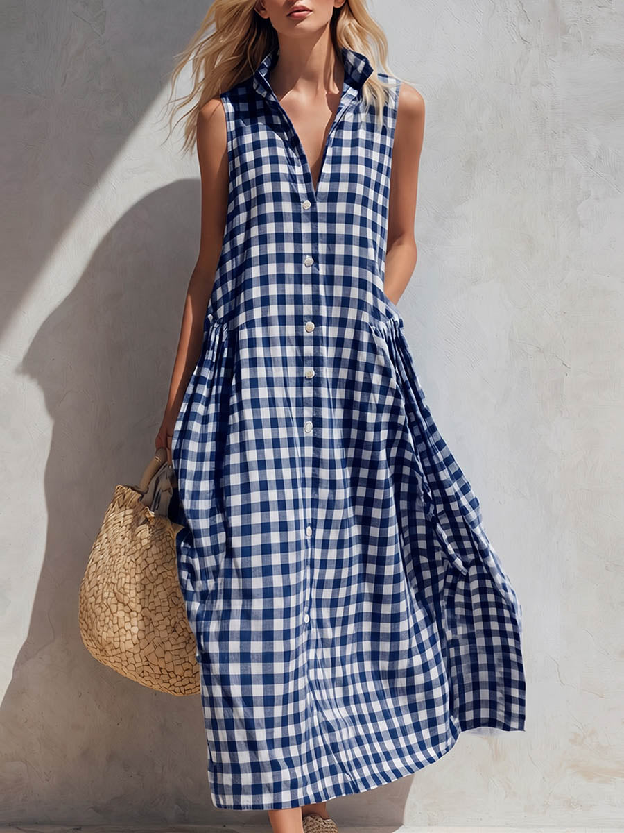 Women's Linen Dress | V-Neck Sleeveless Gingham Midi