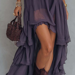 Women's Halterneck Dress | Maxi Irregular Ruffle V-Collar Sleeveless