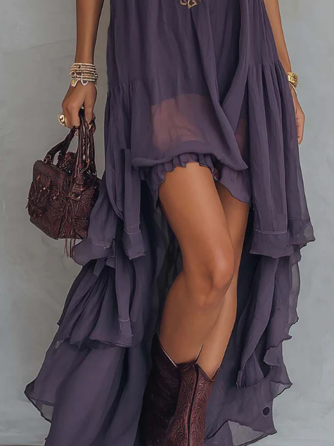 Women's Halterneck Dress | Maxi Irregular Ruffle V-Collar Sleeveless