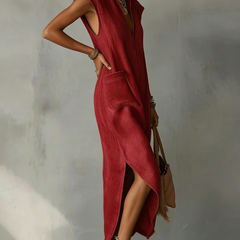 Women's Linen Midi Dress | Ruffle Collar Cap Sleeve V-Neck