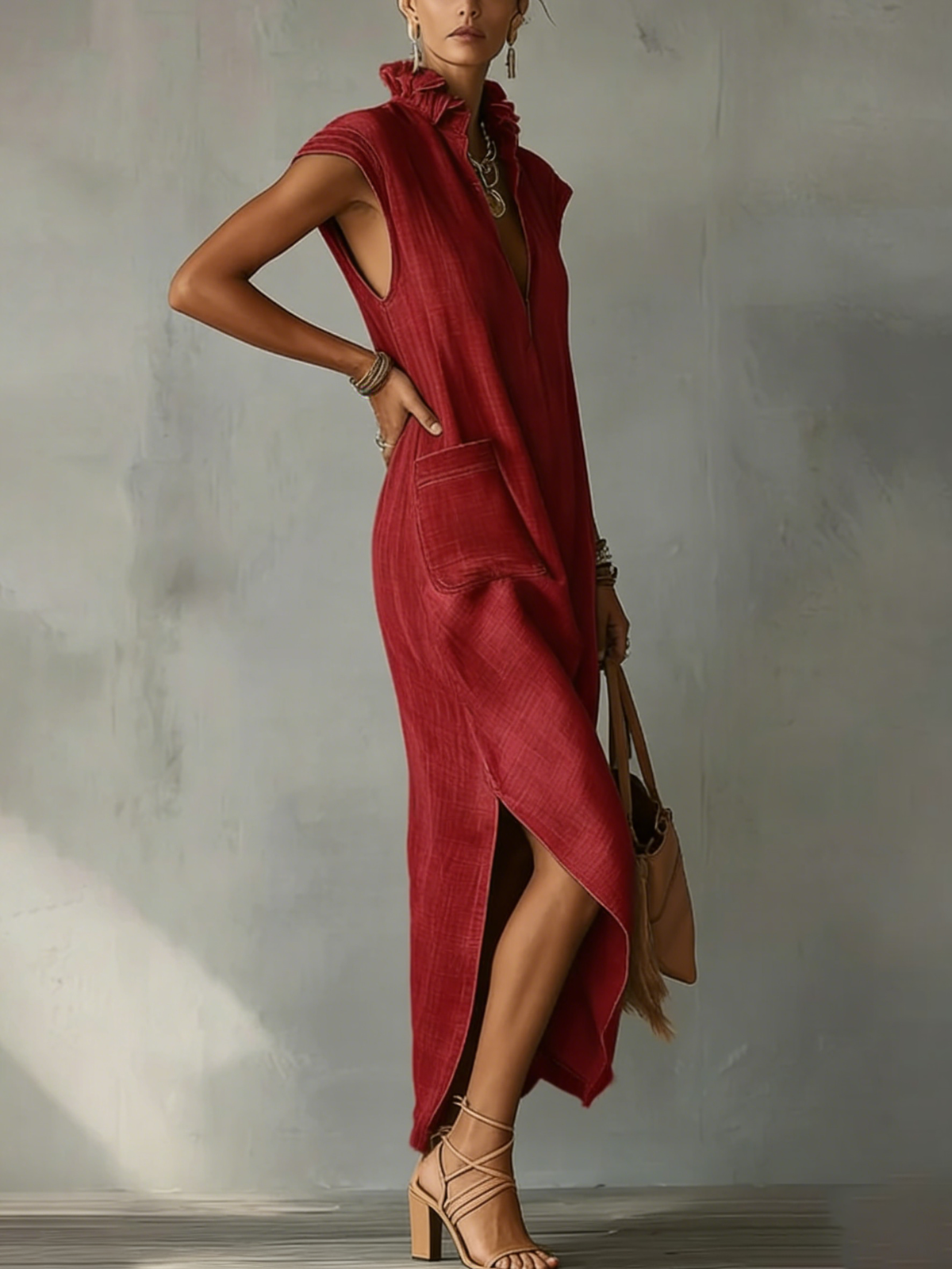 Women's Linen Midi Dress | Ruffle Collar Cap Sleeve V-Neck