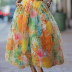 Women's Skort | Midi Length Floral Print Mesh Elastic Waist