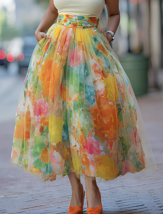 Women's Skort | Midi Length Floral Print Mesh Elastic Waist