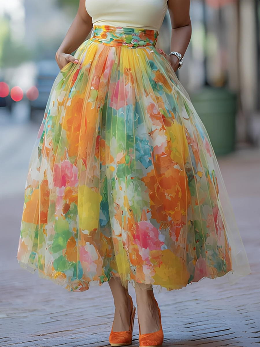 Women's Skort | Midi Length Floral Print Mesh Elastic Waist