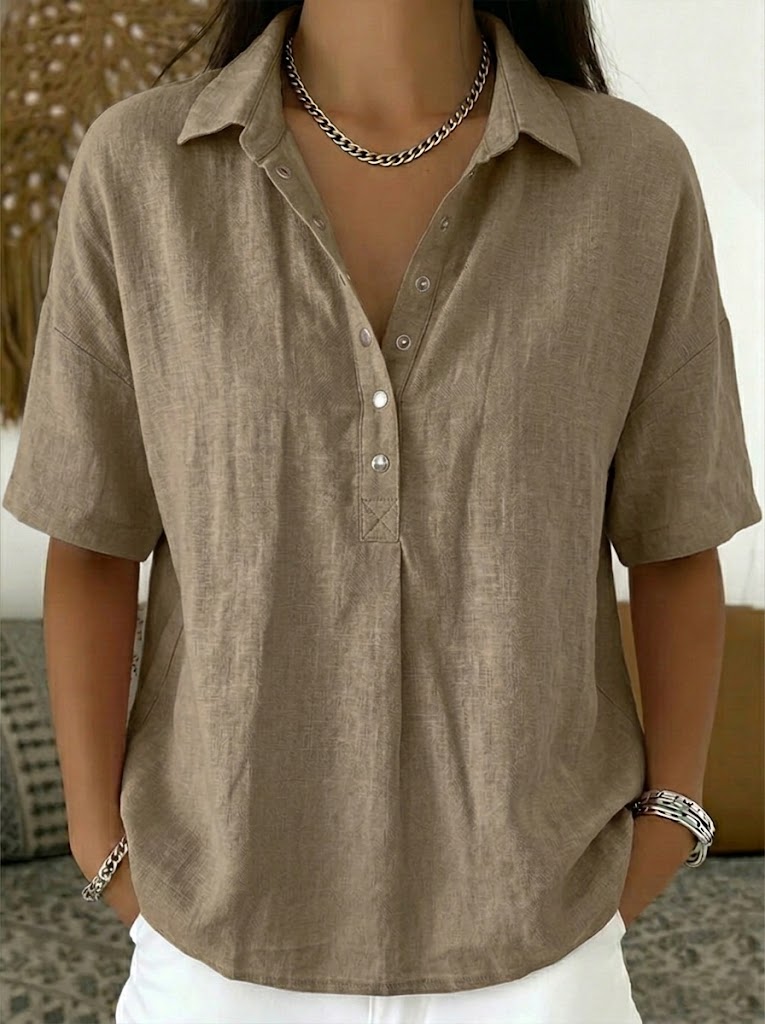 Women's Summer Top | Polo Collar Short Sleeve Cotton Linen