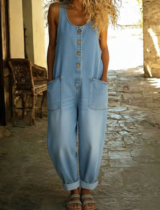 Women's Denim Jumpsuit | Button Front Sleeveless Ankle