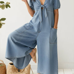 Women's Denim Jumpsuit | V-Neck Short Sleeve Midi Relaxed