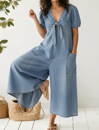 Women's Denim Jumpsuit | V-Neck Short Sleeve Midi Relaxed